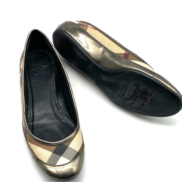 BURBERRY NOVA CHECK PEWTER GUNMETAL SILVER LEATHER BALLET FLAT SHOES 39.5 / 8.5 - Picture 6 of 7